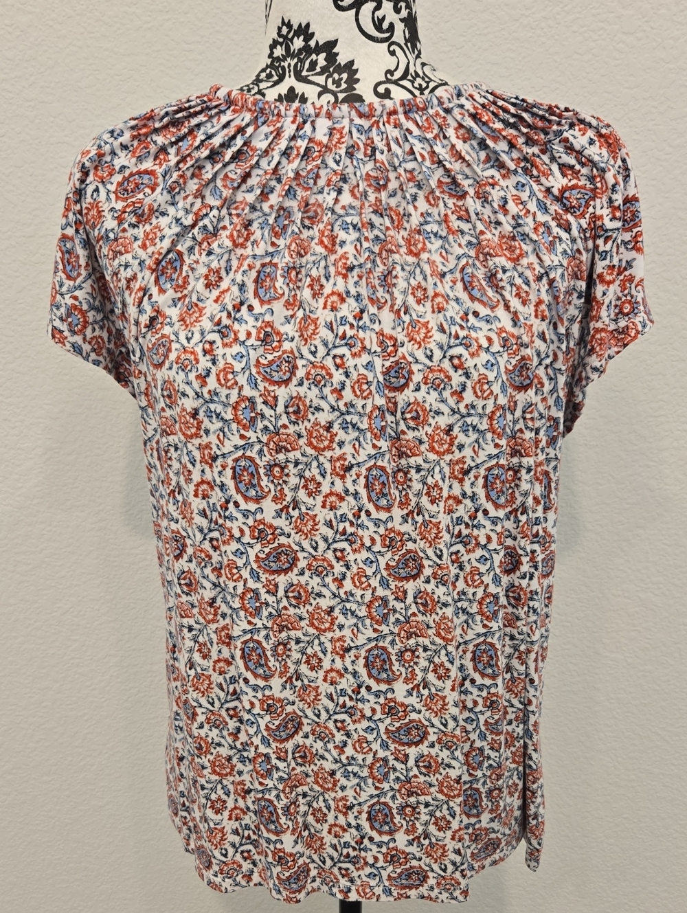 Style & Co. White Floral Paisley Smocked Neck Blouse With Red And Blue Floral